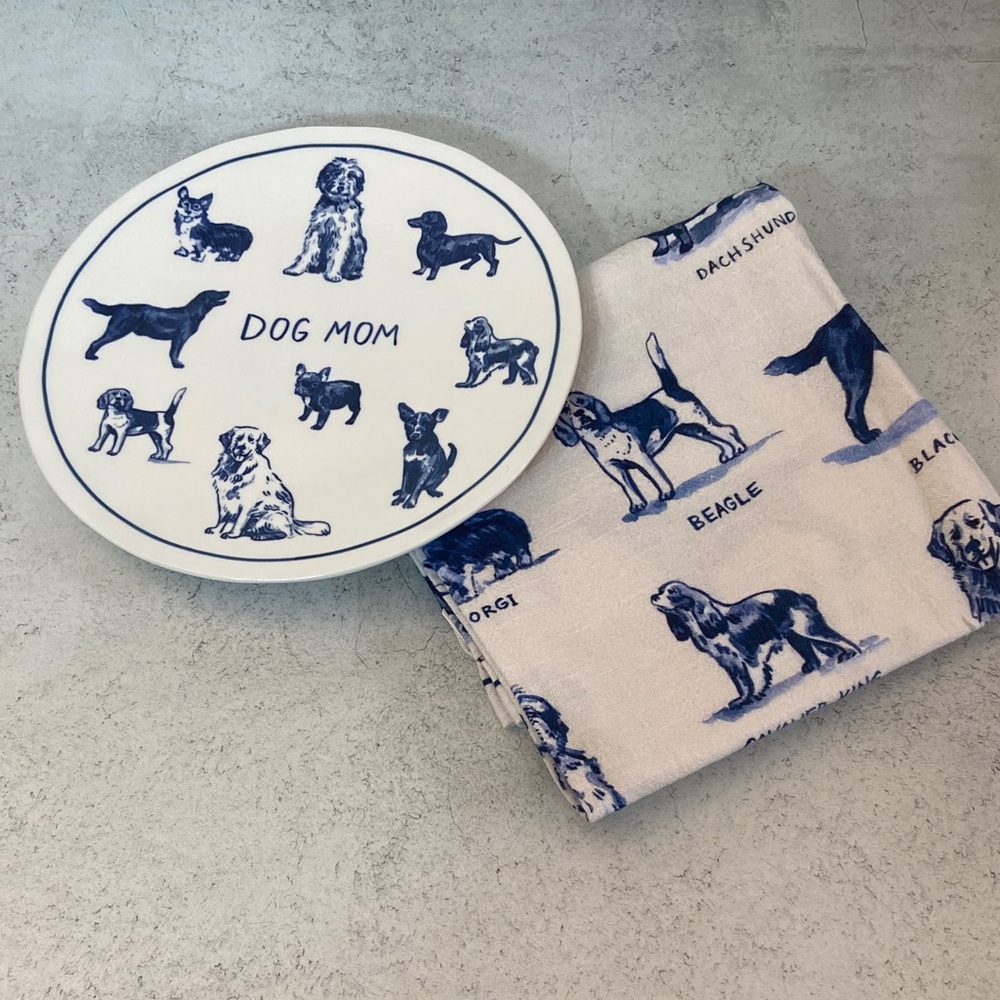Anthropologie Molly Hatch Dog Mom Dessert Plate Tea Towel Set NWT Dog Lover Gift